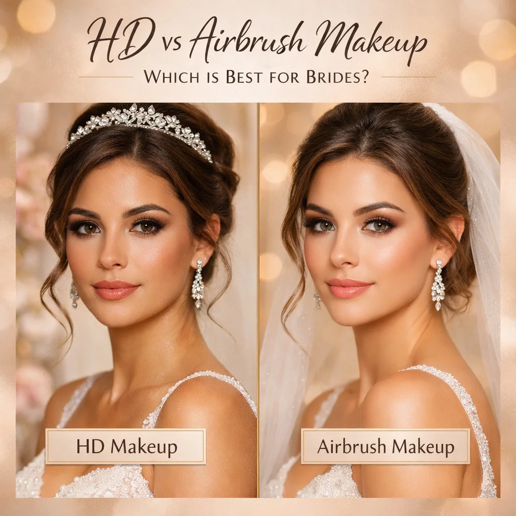 HD vs Airbrush bridal makeup comparison for Indian wedding skin finish types